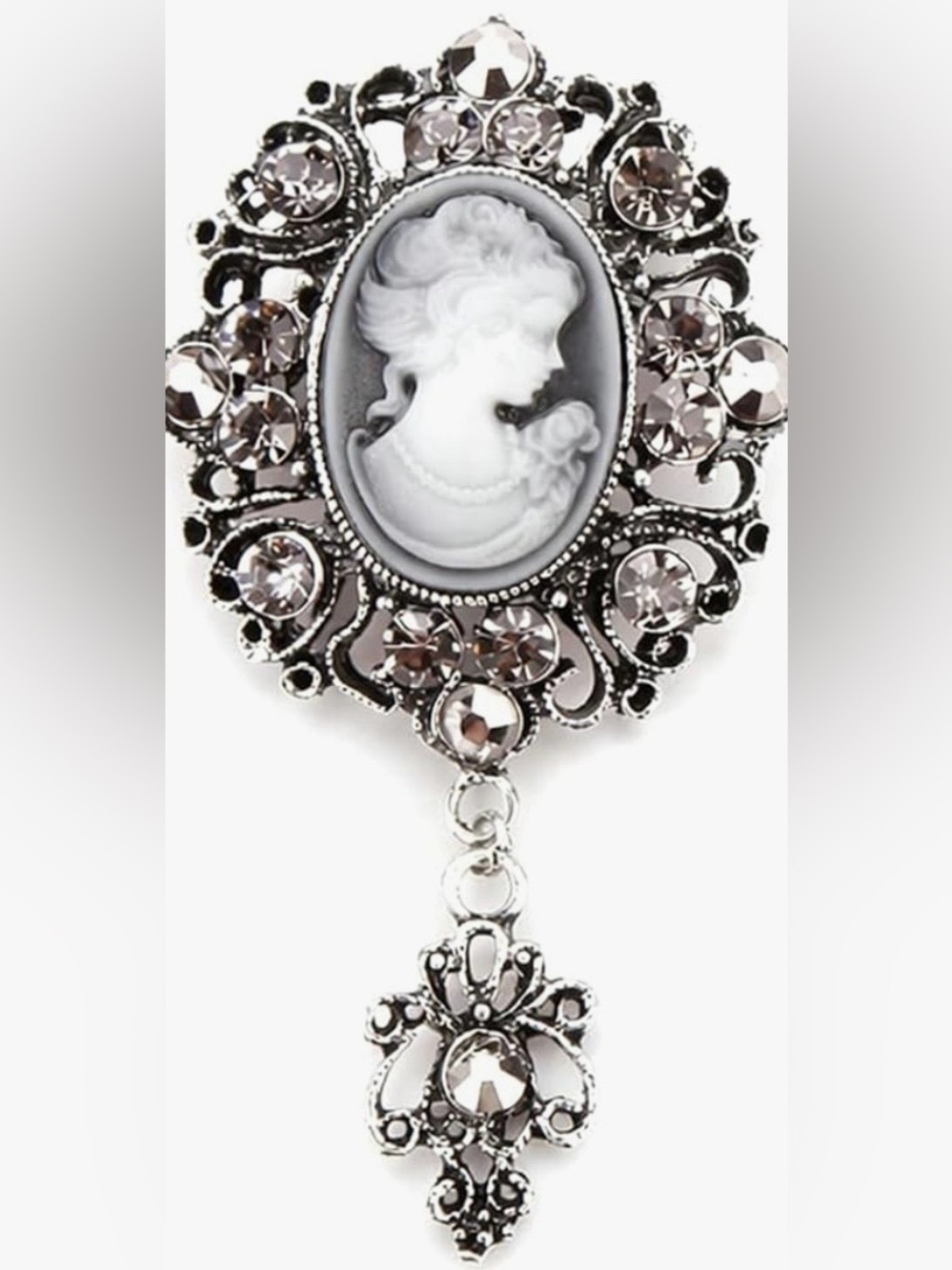Vintage-Inspired Silver Cameo Brooch - Black and White